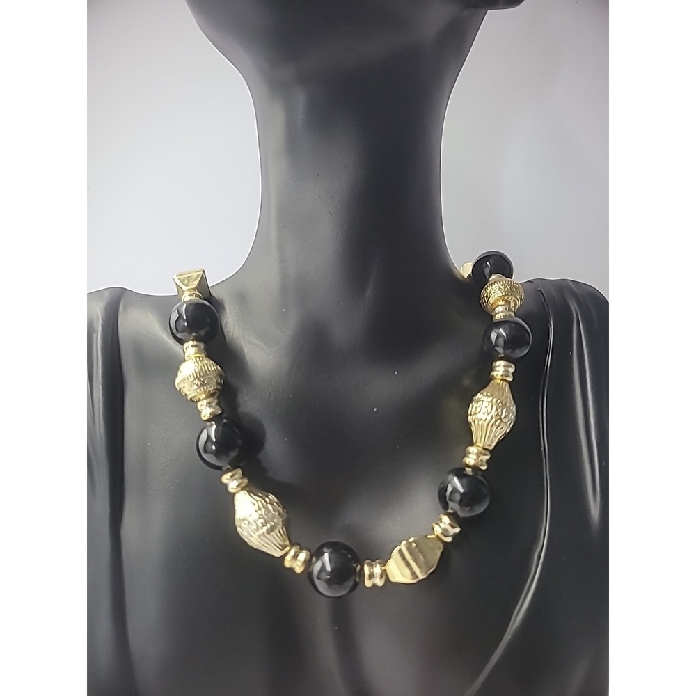 Vintage Necklace‎ Beaded Gold Tone Round Ornate Jewelry Costume